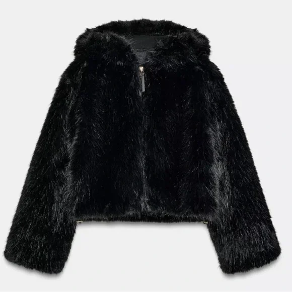 ZARA SHORT FAUX FUR HOODED COAT - Picture 9 of 13